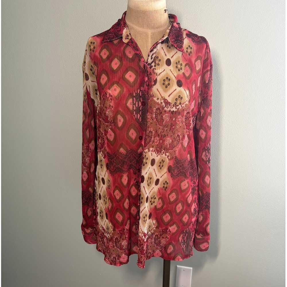 Vintage Artsy Y2K Red Geometric Abstract Micro Pleat Button Down Shirt Top